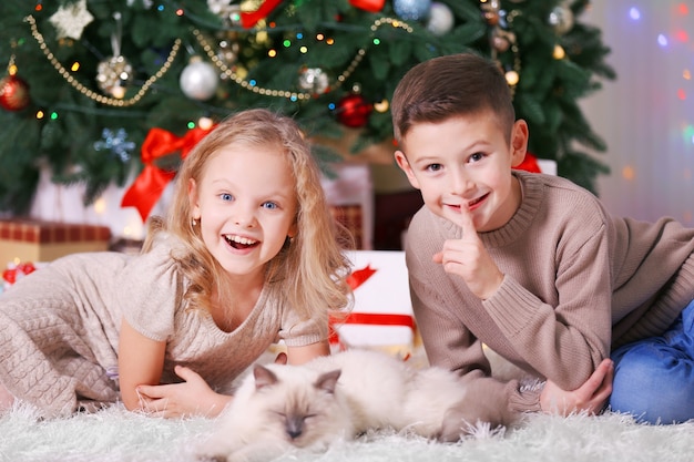 Kinderen en slapende kat in de versierde kerstkamer