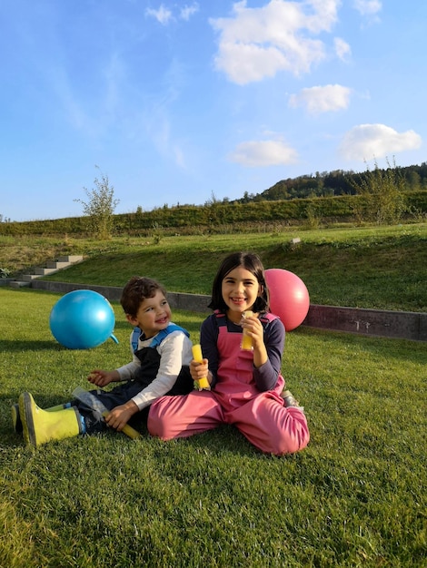 Kinderen eten eis en spelen in de tuin broeder en zustergeluk