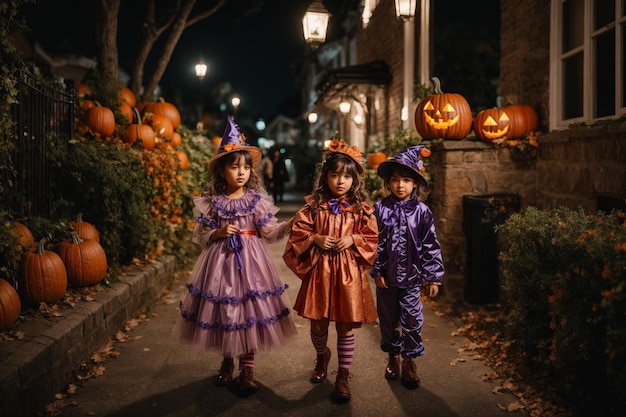 Foto kinderen gekleed in halloween kostuums trickortreating in een charmante goed verlichte buurt