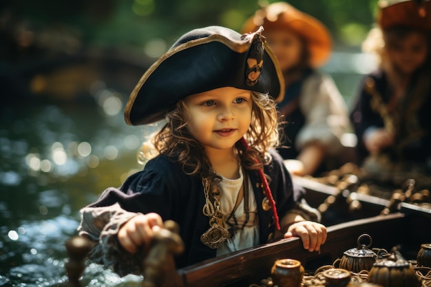 Foto kinderen gekleed in piratenkostuums en hoeden met schatkist spyglassen