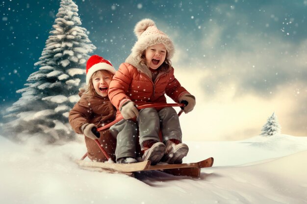 Kinderen, gelukkige meisjes die in de winter op de glijbaan rijden.