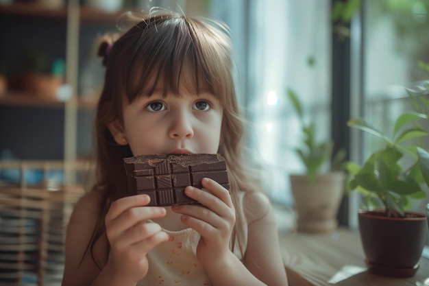 Kinderen genieten van chocoladereepjes thuis ongezonde kinderen snacken sfeer