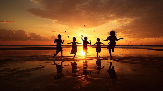 Kinderen genieten van de zonsondergangsilhouetten vol vrijheid en geluk