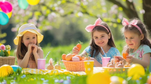 Kinderen genieten van een picknick op het gras en delen eten en glimlachen