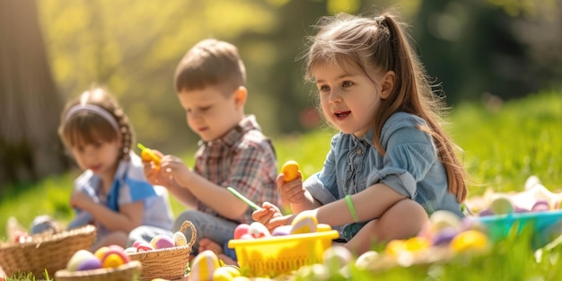 Kinderen genieten van een picknick op het gras en delen eten en glimlachen