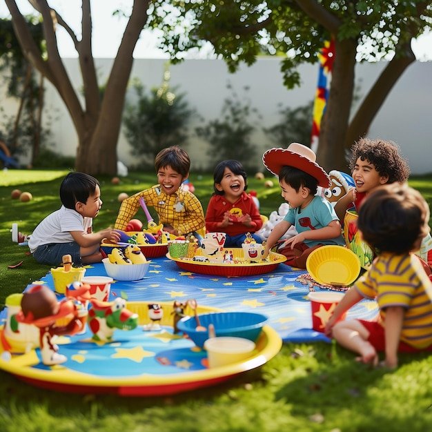 Kinderen genieten van een speelse picknick Samenleving Outdoor Activiteit Concept