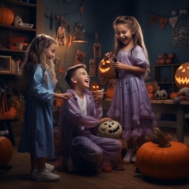 Kinderen hebben kostuums voorbereid voor de Halloween trick of treat.