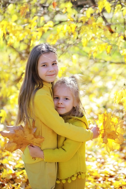 Kinderen hebben plezier en balanceren op boom in herfstbos