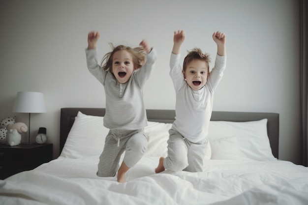 Kinderen hebben plezier in bed, springen en plezier maken.