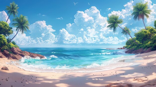 Kinderen Illustratie Prachtig zandstrand met zwaaiende palmbomen Realistisch Fantastic Cartoon Style Artwork Scene Wallpaper Background Card Design enz.