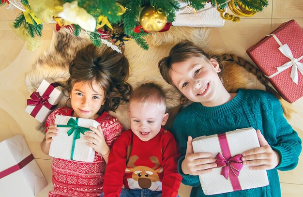 Kinderen in de buurt van de kerstboom. Selectieve aandacht.