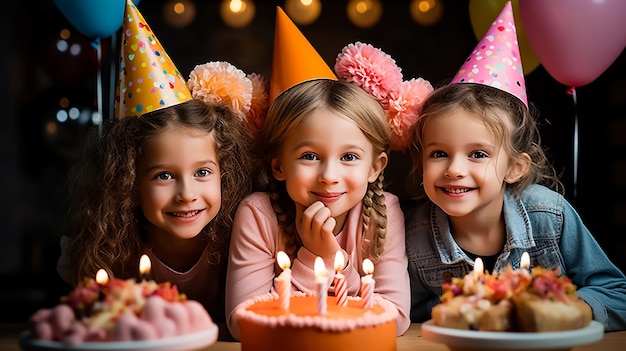 Kinderen in een gelukkig verjaardagsfeestje met een enorme taart die samen met ballonnen vieren