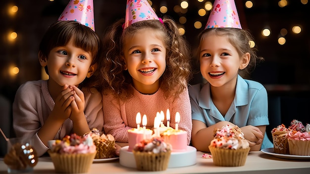 Kinderen in een gelukkig verjaardagsfeestje met een enorme taart die samen met ballonnen vieren