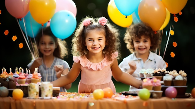 Kinderen in een gelukkig verjaardagsfeestje met een enorme taart die samen met ballonnen vieren