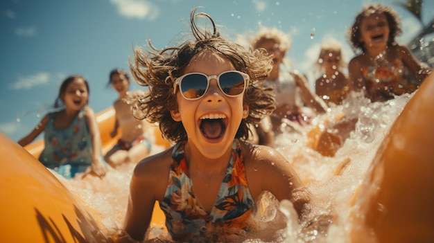 Kinderen in een waterglijbaan in aquapark voor zomervakantie Generatieve Ai