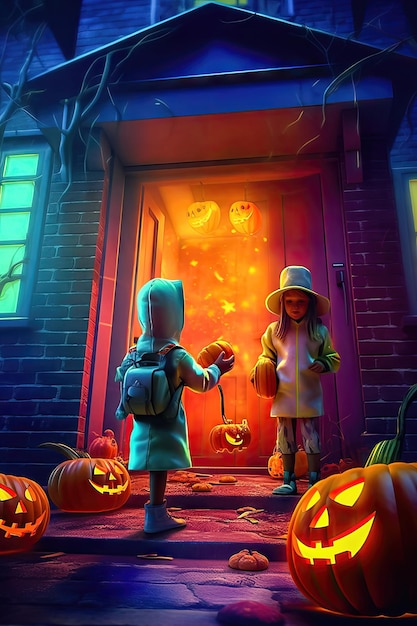 Kinderen in Halloween kostuums in het gloeiende oude huis TrickorTreat Night Generatieve AI