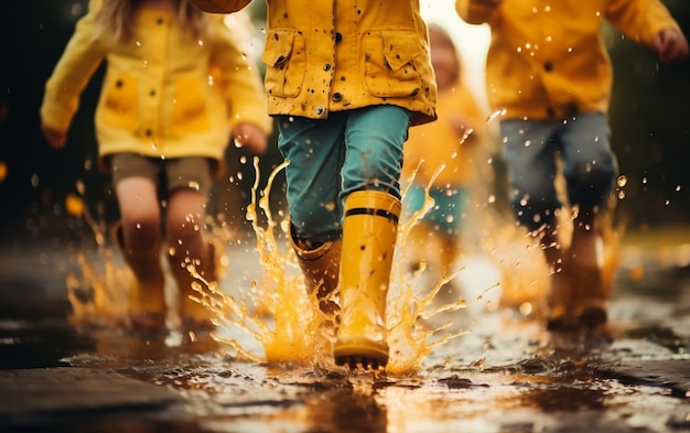 Kinderen in heldergele regenschoenen Generatieve AI