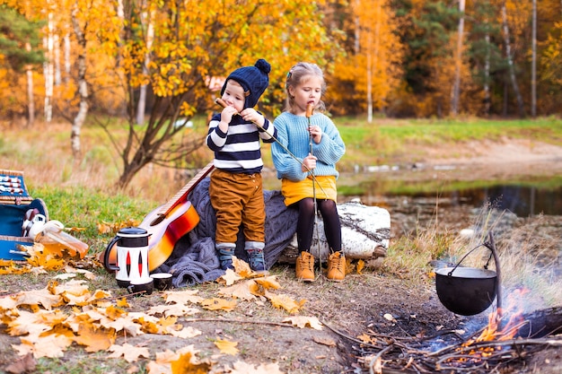 kinderen in het herfstbos op een picknickgrill worstjes en gitaar spelen