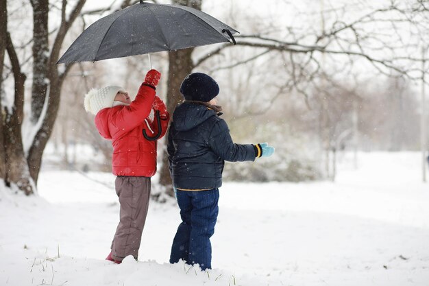 Kinderen in het winterpark spelen met sneeuw