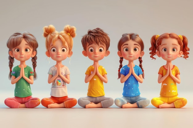 Kinderen in leuke cartoons Verschillende yoga poses extreme close-up Generatieve AI