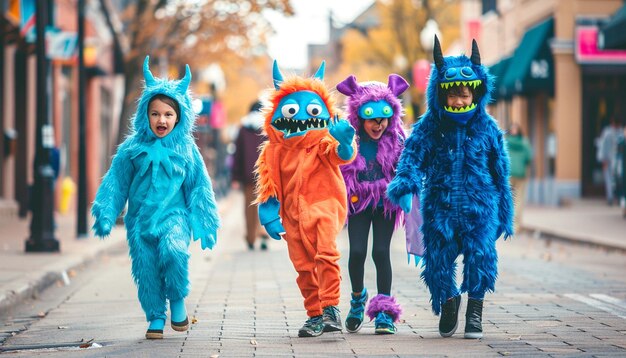 Foto kinderen in monsterkostuums lopen door de stad.