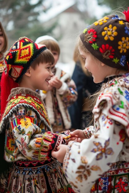 kinderen in traditionele Roemeense kostuums die Martisor aan elkaar geven