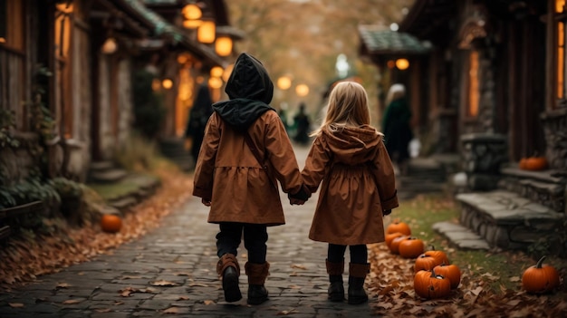 Kinderen in zwarte en oranje heksenkostuums met hoeden spelen met pompoen en spin in de herfst Park op Halloween Kinderen trick or treat Jongen en meisje snijden pompoenen