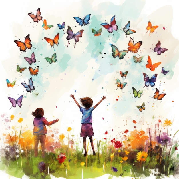 Kinderen jagen op kleurrijke vlinders in de tuin
