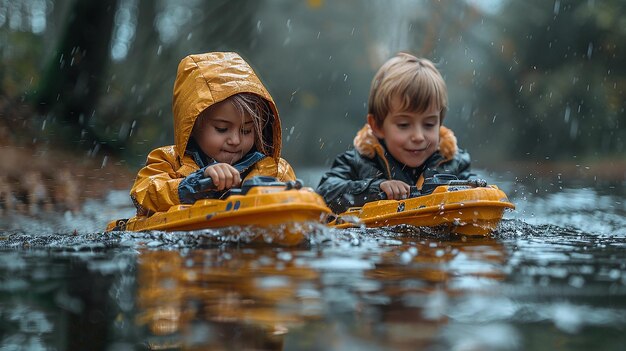 kinderen kajakken in de regen