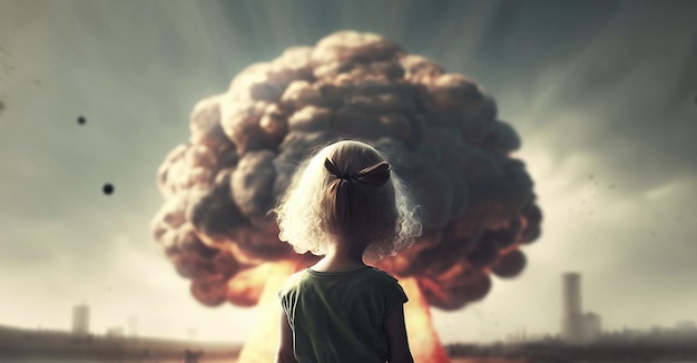 Kinderen kijken naar de nucleaire explosie met hun rug Generatieve AI