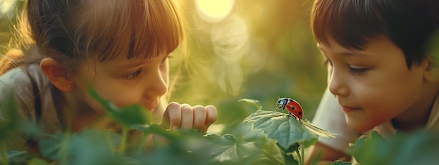 kinderen kijken naar het insect ladybug close-up