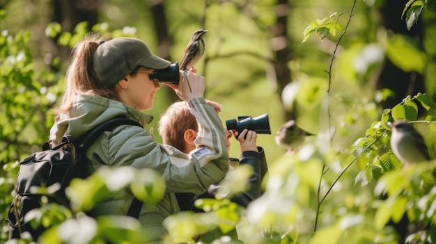 Kinderen kijken naar vogels in het weelderige bos AIG41