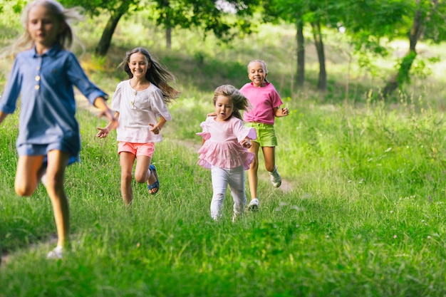 Kinderen, kinderen die op weide rennen.