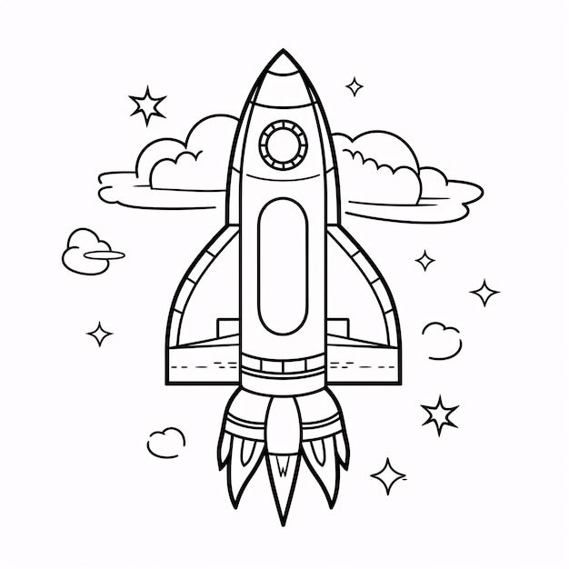 Kinderen kleurboek schattig raketschip ruimteschip op ruimte zwart-wit eenvoudige lijntekeningen