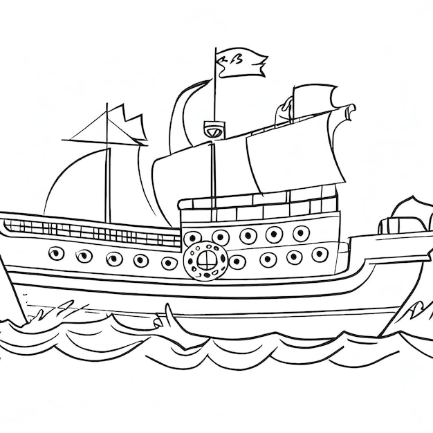 Kinderen kleurboek schip cartoon dikke lijnen zwart en wit witte achtergrond illustratie gegenereerd door Ai