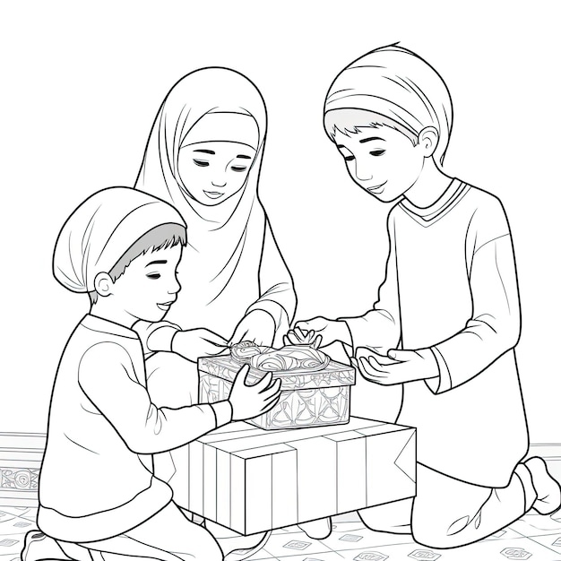 Kinderen kleurplaat moslimkinderen ontvangen 2 geschenkdozen
