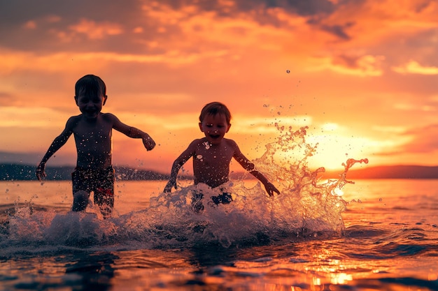 Kinderen lachen en spetteren op het strand bij zonsondergang