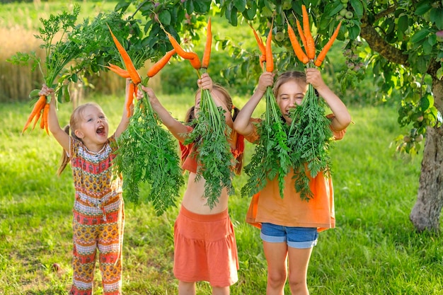 Kinderen lachen vrolijk met verse wortelen in handen