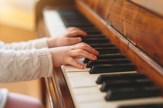 Kinderen leren met hun handen op een klassieke houten piano spelen