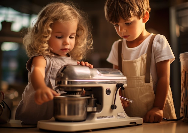 Foto kinderen leren onder toezicht veilig keukenapparatuur gebruiken