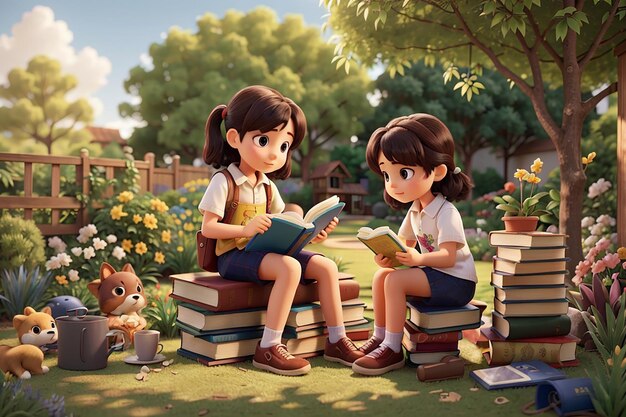 Kinderen lezen boeken op een stapel boeken in de tuin.