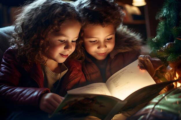 Foto kinderen lezen het boek van de kerstman