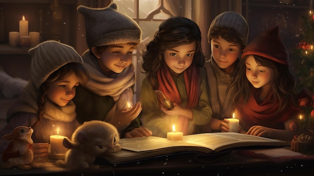 Foto kinderen lezen kerstboeken bij kaarslicht