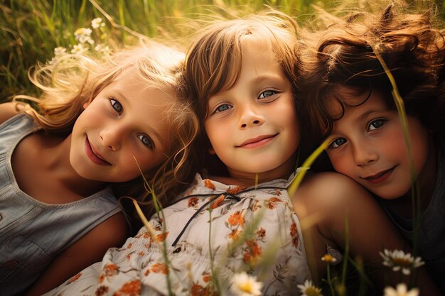 Kinderen liggen in de zomer in een grasveld.