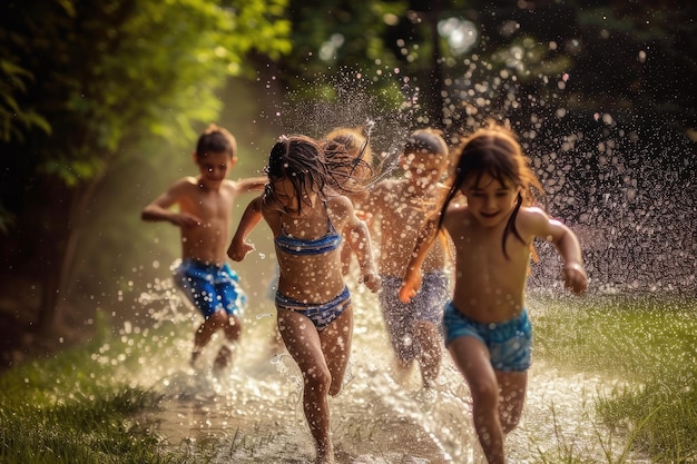 Kinderen lopen door sprinklers in de achtertuin.