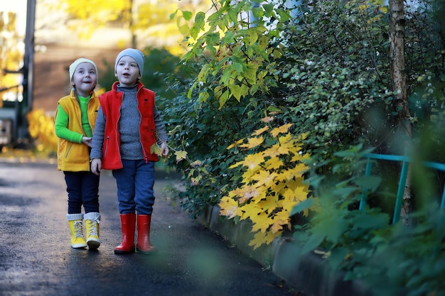 Kinderen lopen in de herfst in het herfstpark