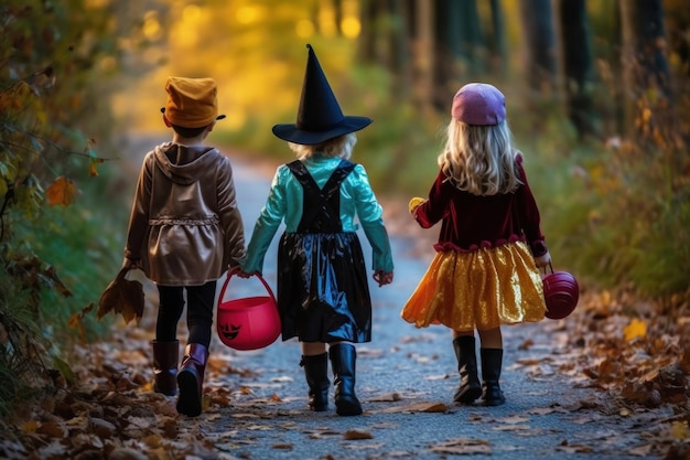 Kinderen lopen met een zak geld over een pad door het bos.