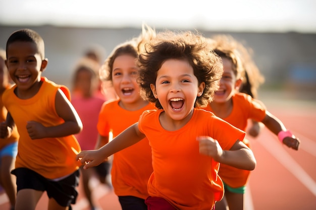 Foto kinderen lopen op een atletiekbaan generatieve ai