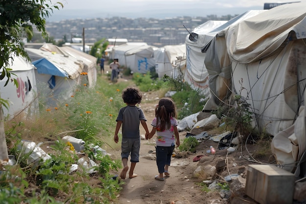 Kinderen lopen over de vuilweg 20 juni Wereldvluchtelingendag