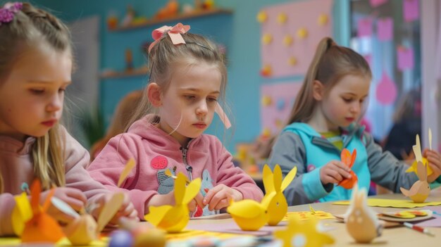 Foto kinderen maken papierhandwerk jonge jongens en meisjes die zich bezighouden met artistieke activiteiten in een werkplaats